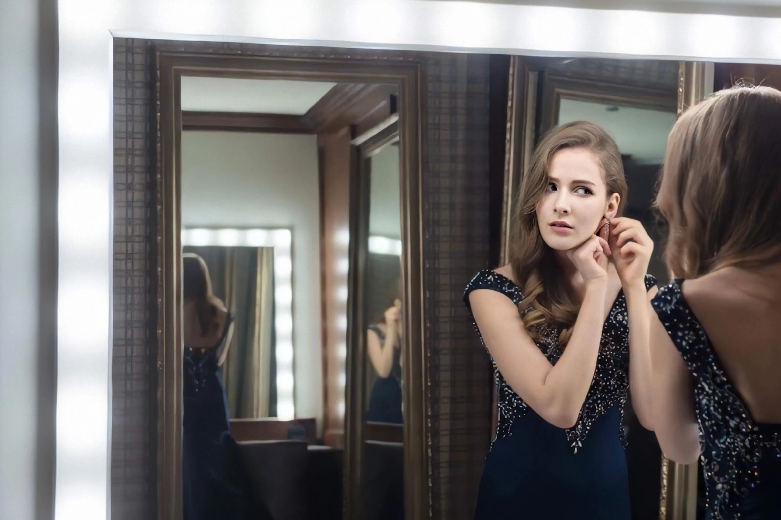 Mariia KO — cinematic scene still at a lit vanity mirror